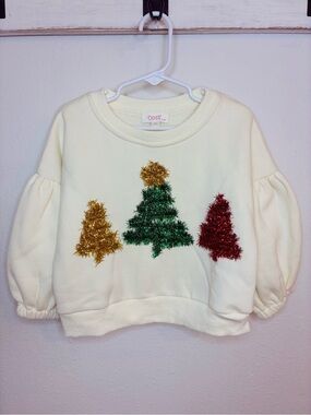 ODDY Cream Crewneck Sweater with Gold Green and Red Tinsel Trees